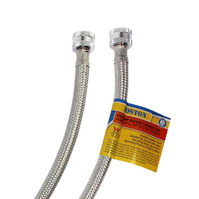 Metal braided hose with connectors and a Boston brand label on a white background