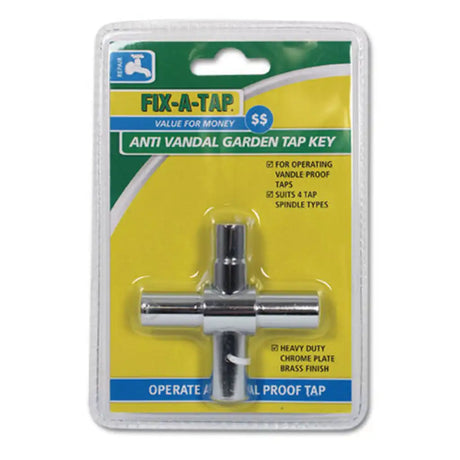 A Fix-A-Tap anti-vandal garden tap key in its original retail blister packaging. The chrome-plated metal key is visible through a clear plastic bubble on a yellow and green cardboard backing card.