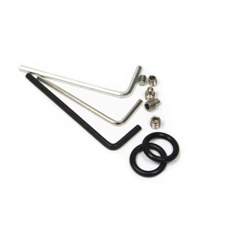 A small tool kit on a plain white background, including two hex wrenches (one black, one silver), several small metal nuts, and two black rubber O-rings.