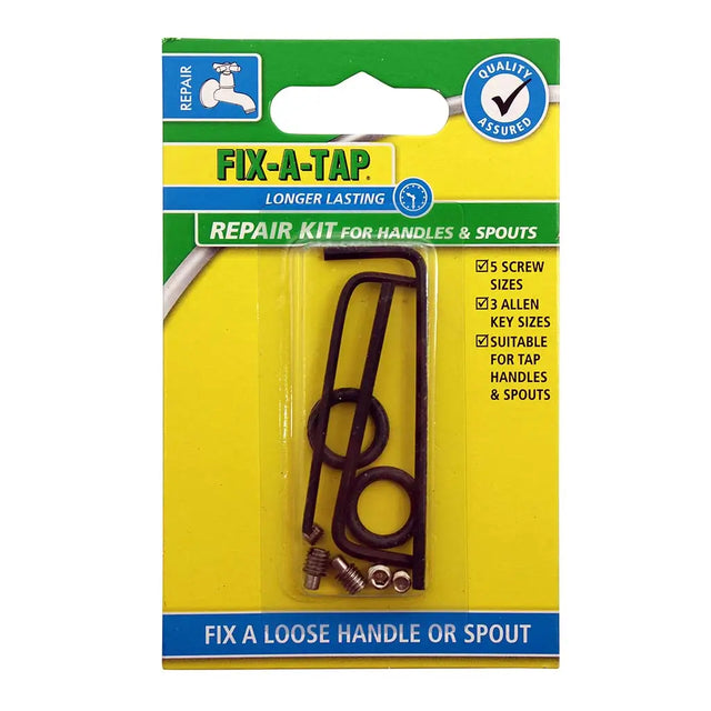 Fix-A-Tap repair kit for handles and spouts in its original retail blister packaging. The kit contains a flathead screwdriver, Allen keys, and a wrench inside a yellow and green carded sleeve.