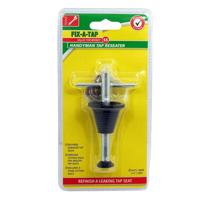 A packaged handyman tap reseater tool on a bright yellow retail card with a clear plastic blister pack. The product itself is black and silver, and the packaging prominently shows the brand name 'Pike' and the product name 'Fix-A-Tap'.