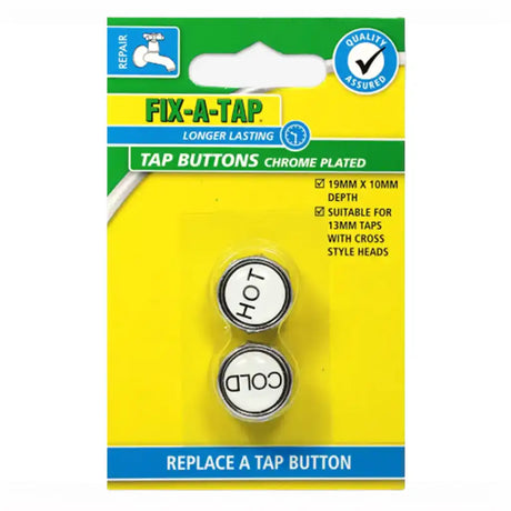 Pack of Fix-A-Tap tap buttons with 'Hot' and 'Cold' labels on a yellow background