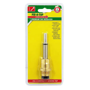 A brass double taper tap reamer in its original retail blister packaging. The packaging features a bright yellow background with green and red branding for 'Fix-a-Tap Premium Tap Reamer' by the brand 'Tool 3'.