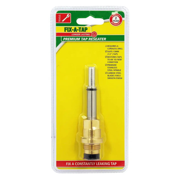 A brass double taper tap reamer in its original retail blister packaging. The packaging features a bright yellow background with green and red branding for 'Fix-a-Tap Premium Tap Reamer' by the brand 'Tool 3'.