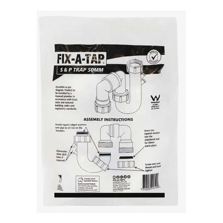 Packaging of Fix-A-Tap plumbing product with assembly instructions on a white background