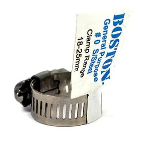Metal hose clamp with Boston brand label on a white background