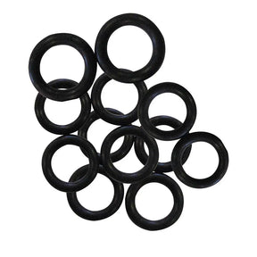 Multiple black rubber o-rings stacked on a white background