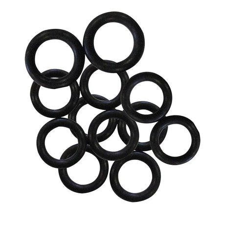 Multiple black rubber o-rings stacked on a white background
