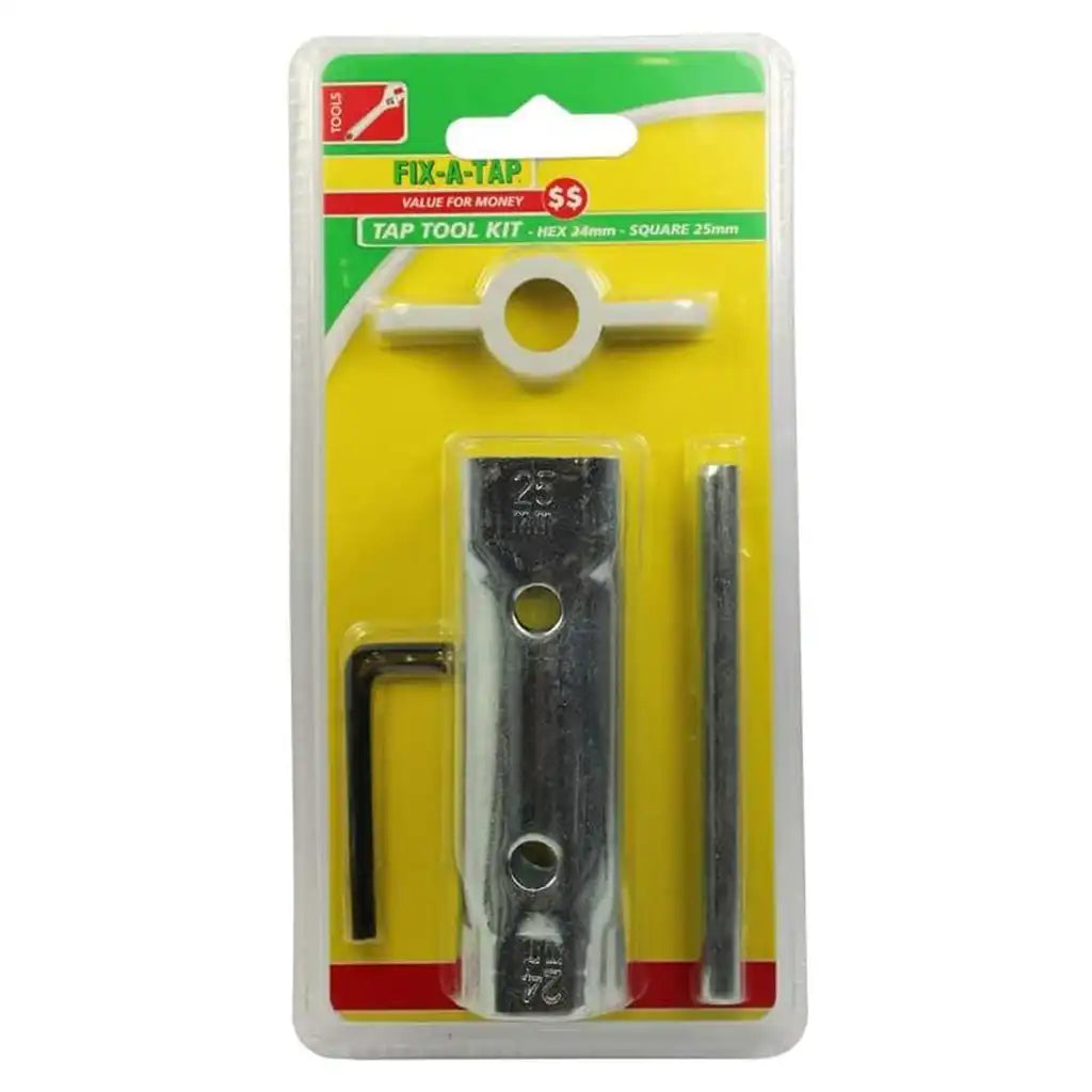 A Fix-A-Tap tap tool kit in its original retail blister packaging. The kit contains a square 25mm tap, a hex key, and a wrench, all visible through a clear plastic window on a yellow and green card backing.