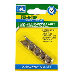 A retail package of Fix-A-Tap tap head spanner and nuts, containing five brass anti-vandal plugs in a clear plastic case mounted on a yellow, green, and blue cardboard backing.