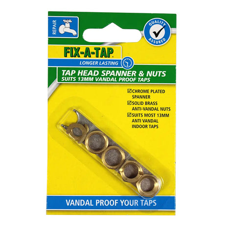 A retail package of Fix-A-Tap tap head spanner and nuts, containing five brass anti-vandal plugs in a clear plastic case mounted on a yellow, green, and blue cardboard backing.