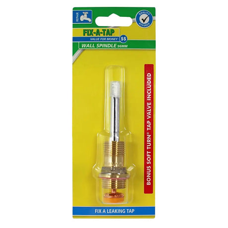 Packaged wall spindle with valve included on a yellow background