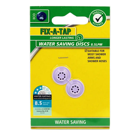 Pack of Fix-A-Tap water saving discs on a white background