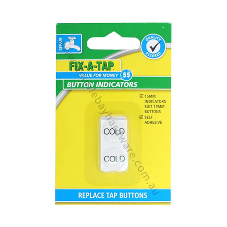 Packaging of Fix-A-Tap button indicators with a yellow background and green border.