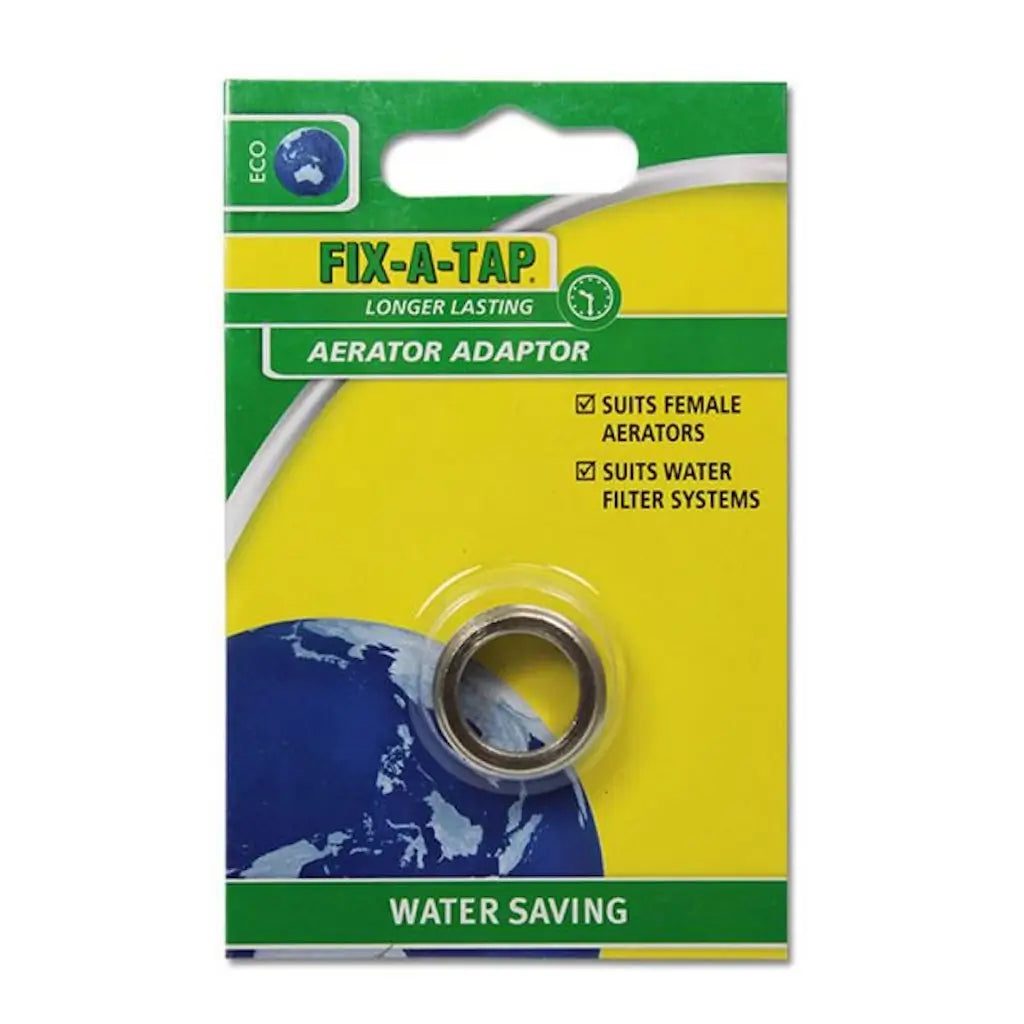 Packaged Fix-A-Tap aerator adaptor on a white background