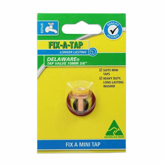 Packaging of Fix-A-Tap Delaware tap valve repair kit on a white background