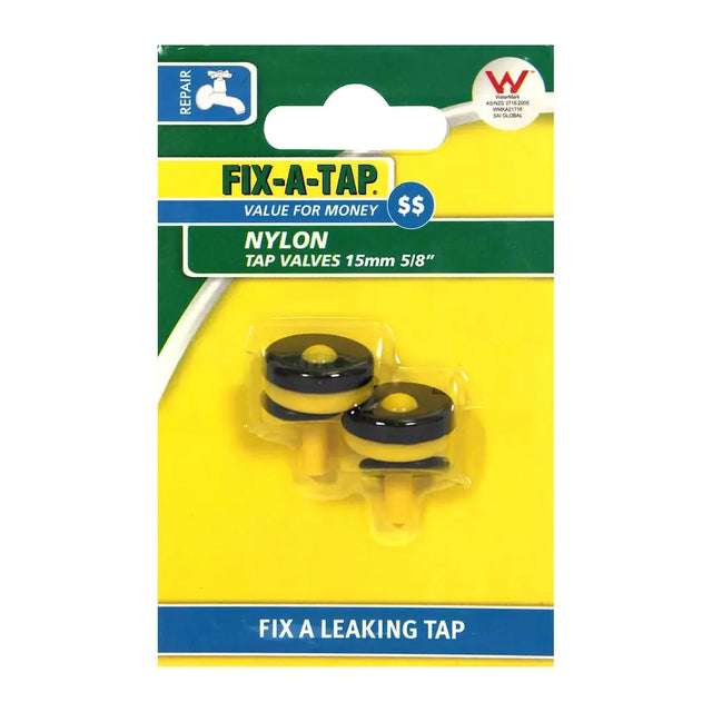 Packaging of Fix-A-Tap nylon tap valves on a white background