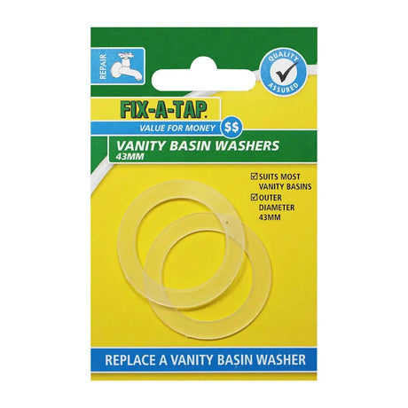 Pack of vanity basin washers with Fix-A-Tap branding on a yellow and green background