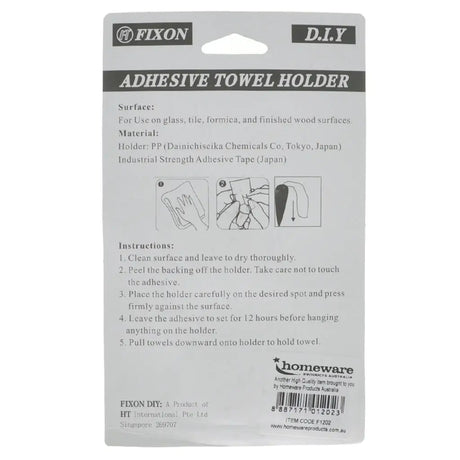 Fixin adhesive towel holder packaging with instructions and branding details.