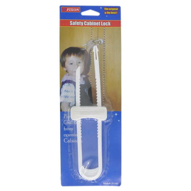 Safety cabinet lock in packaging with child illustration on a white background