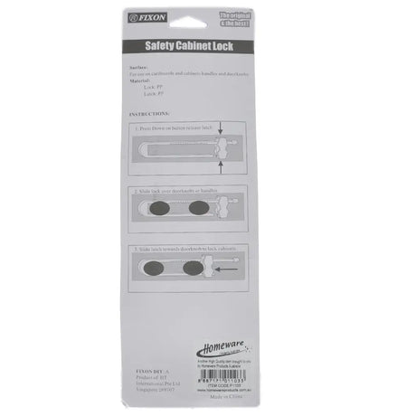 Packaging of a safety cabinet lock with instructions on a white background