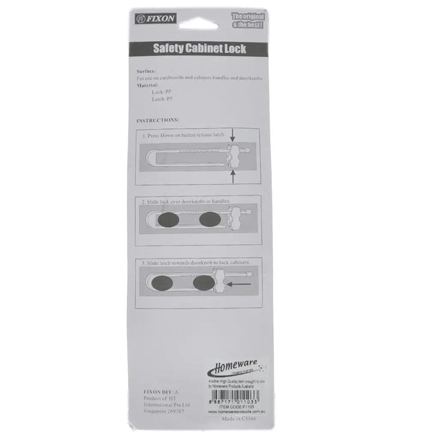 Packaging of a safety cabinet lock with instructions on a white background