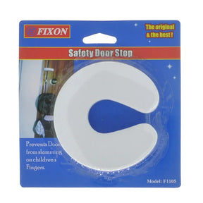Fixin safety door stop packaging with blue and white design on a blue background
