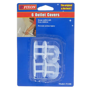 Pack of 6 outlet covers with Fixon branding on a blue background