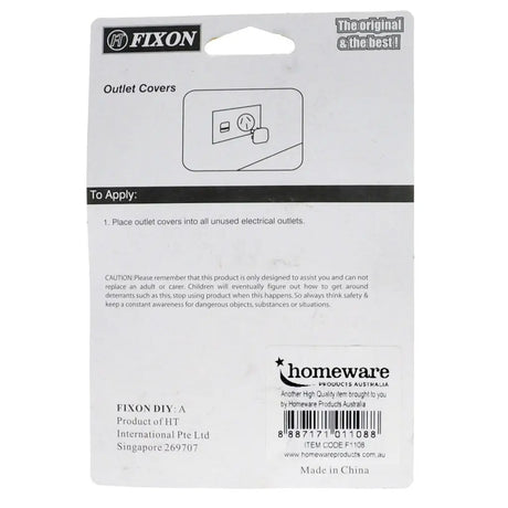 Packaging of Fixon outlet covers with branding and product details.