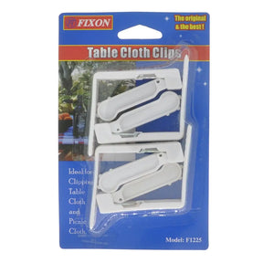 Packaging of Fixon tablecloth clips with a blue background