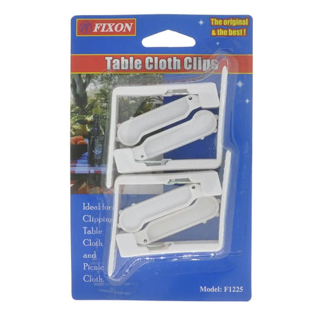 Packaging of Fixon tablecloth clips with a blue background