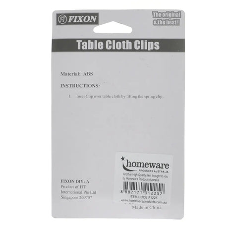 Packaging of Fixon tablecloth clips with branding and product details.