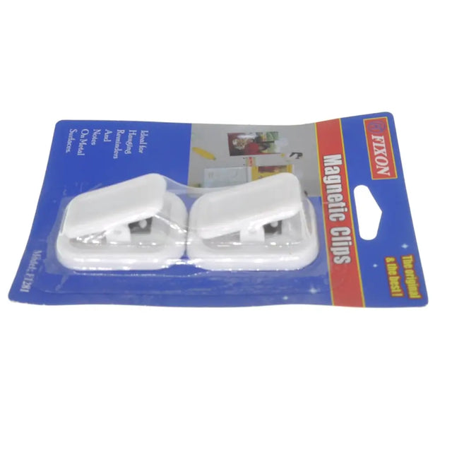 Two white magnetic clips in their packaging with a blue background and 'Exton' branding.