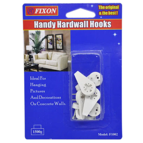 Packaging of Fixon Handy Hardwall Hooks with hooks inside on a blue background