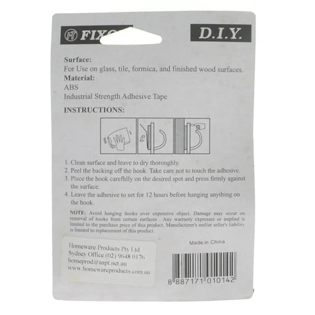 Back of a hook packaging with adhesive tape instructions and product details.