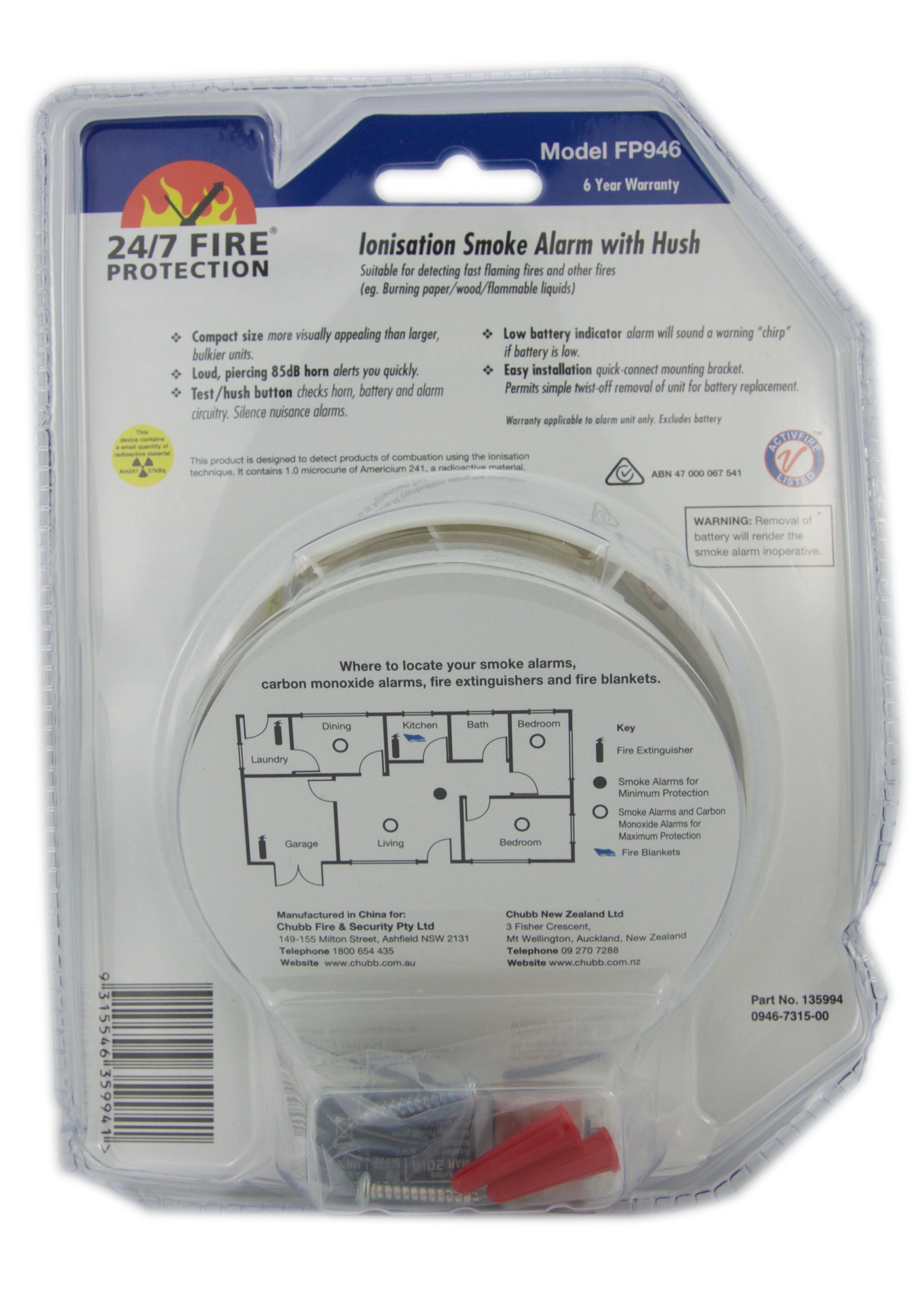 24/7 Fire Protection Ionisation Smoke Alarm with Hush FP946
