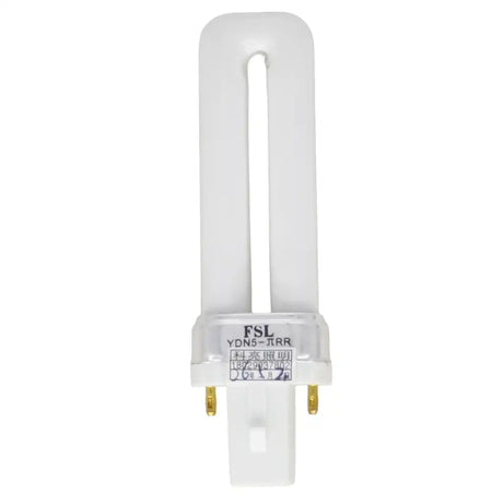 FSL G23 220V 5W cool daylight compact fluorescent light bulb showing twin-tube CFL design and G23 2-pin base on white background