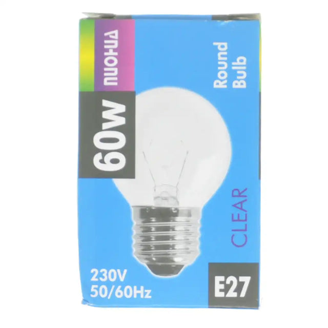 Light bulb packaging with clear bulb illustration on a blue background