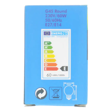 Blue packaging of a light bulb with energy label and specifications on a white background