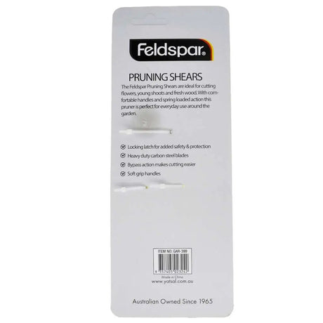 Feldspar pruning shears packaging with product details on a white background