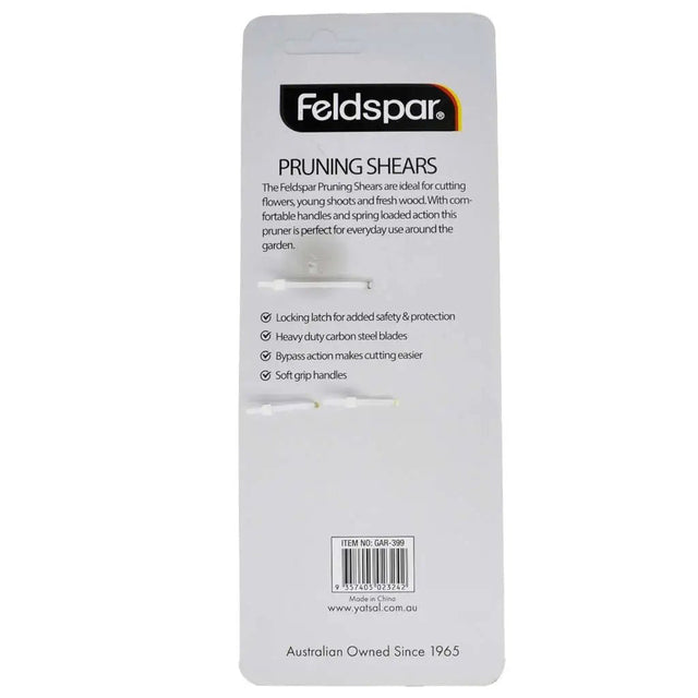 Feldspar pruning shears packaging with product details on a white background