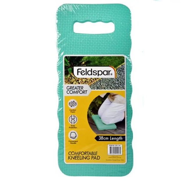 Feldspar Greater Comfort Comfortable Kneeling Pad in its original retail packaging, featuring a teal-green textured pad with a yellow and white label.