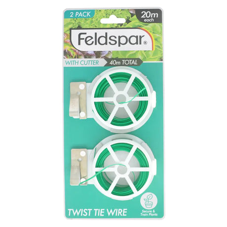 Feldspar twist tie wire packaging with two spools and a cutter on a white background