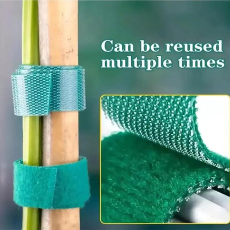 Reusable green mesh strainer with text 'Can be reused multiple times' on a blurred background.