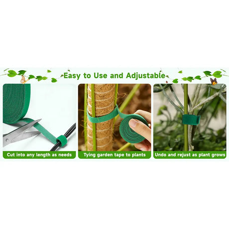Green garden tape with scissors and usage examples on a white background