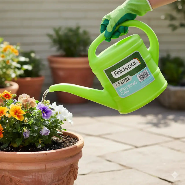 Person watering flowers with a green Felspar watering can in an outdoor setting.