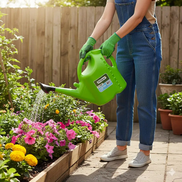 Person watering flowers with a green watering can in a garden setting