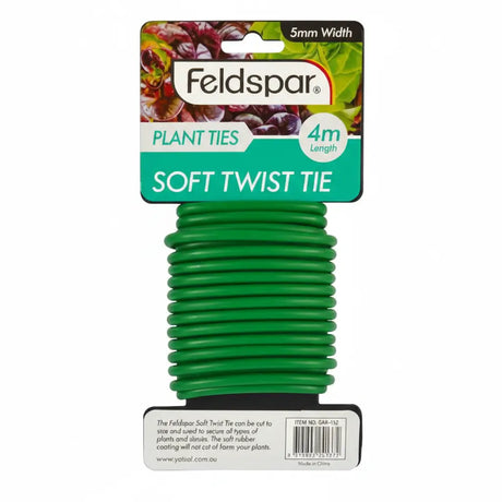 Green plant ties with 'Feldspar' packaging on a white background