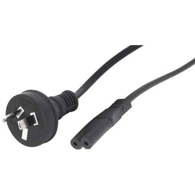 Black electrical plug and cable on a white background