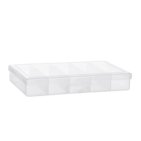 Clear plastic storage box on a white background